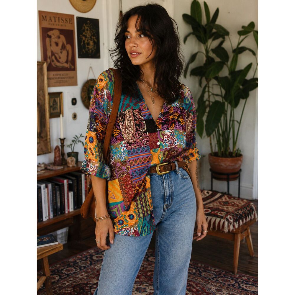 Emory Rose Boho Patchwork Paisley V-Neck High Low Tunic Top Size S